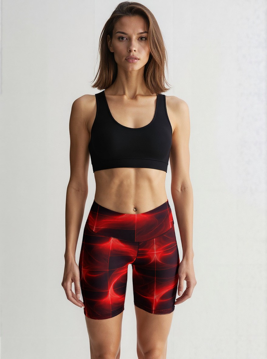 Front view of a woman wearing Blaze Ignite Yoga Shorts with a striking red and black abstract pattern, paired with a black sports bra, standing against a plain background.