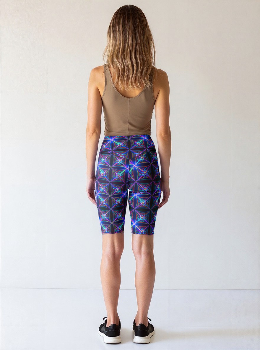 Back view of a woman wearing Blue Volt biker shorts with a vibrant electric blue and purple geometric pattern, paired with a taupe crop tank and black sneakers, standing against a plain light background.