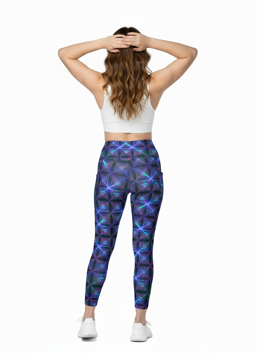 Woman wearing colorful patterned leggings and a white crop top on a white background