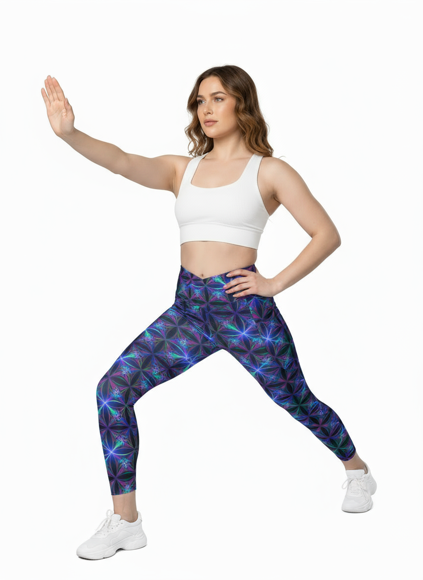 Woman wearing colorful patterned leggings and a white crop top on a white background