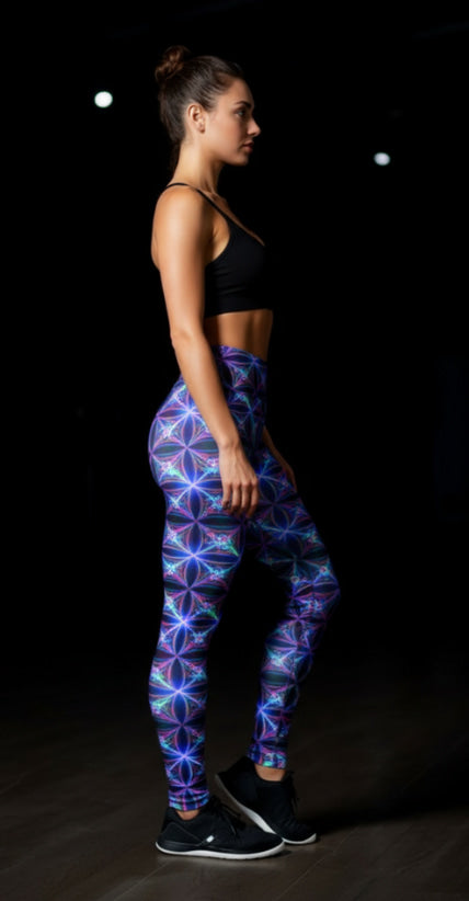 Woman wearing colorful geometric-patterned leggings on a dark background