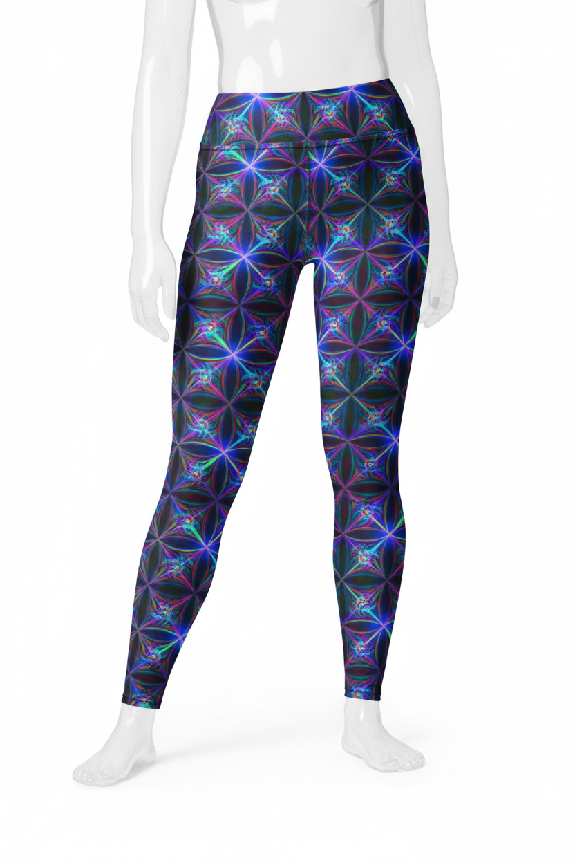 A manneqin modeling high-waisted leggings with a vibrant, repeating geometric flower pattern in neon blue, purple, and pink on a black background, shown against a plain white studio backdrop.