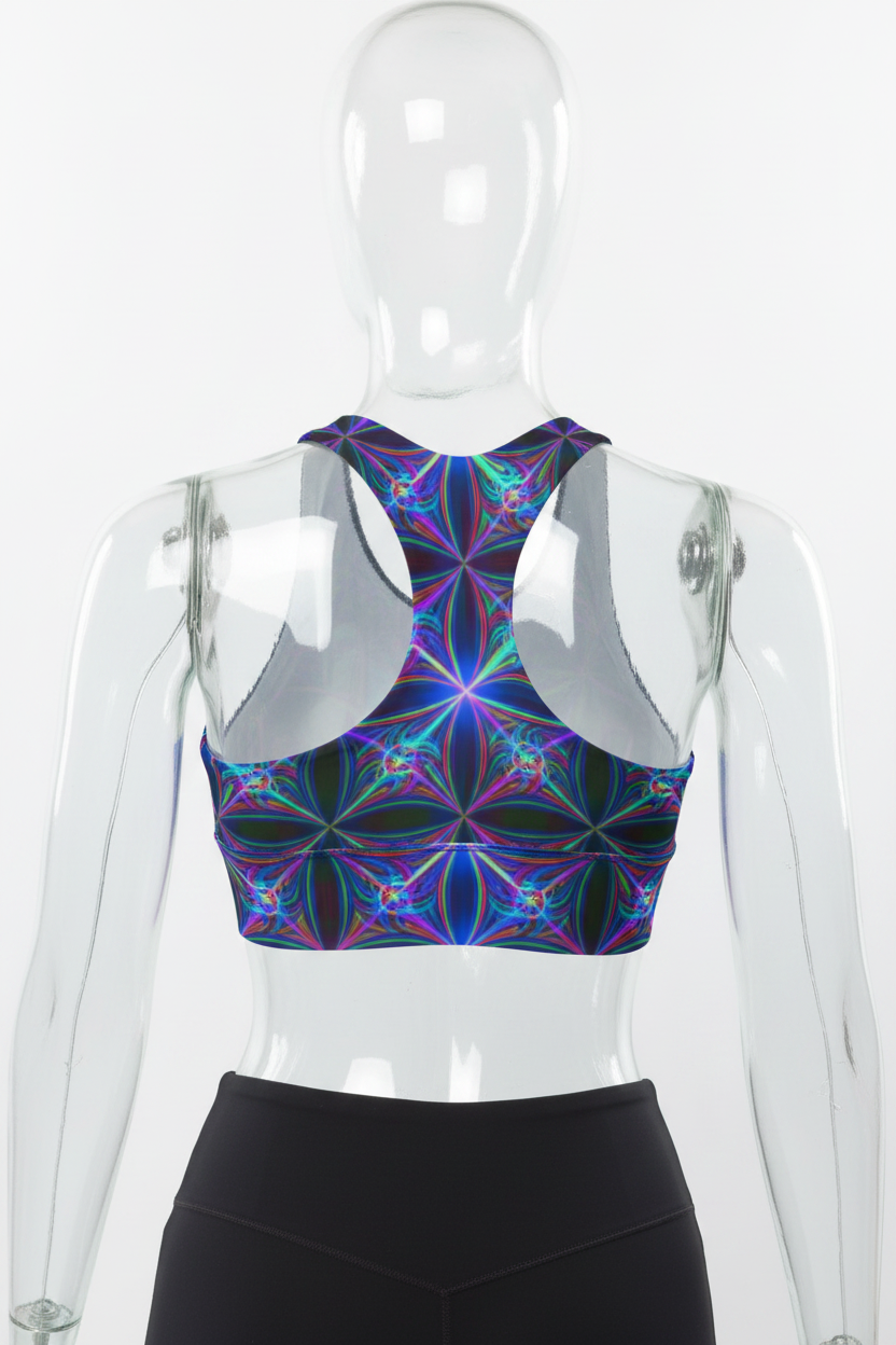Rear view of a mannequin wearing a sports bra with a vibrant, multicolored kaleidoscopic geometric pattern in purple, blue, green, and pink, paired with black leggings against a white background.