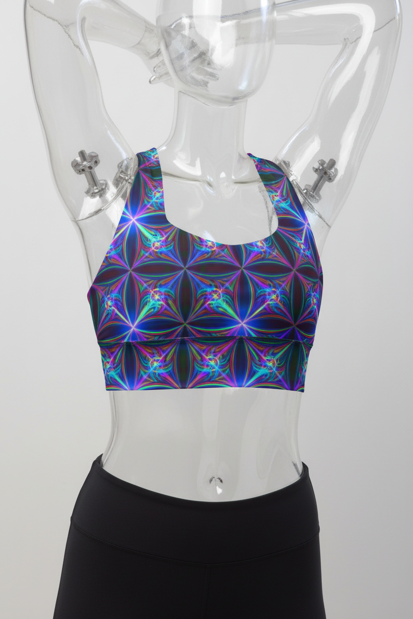 A mannequin wearing a sports bra with a vibrant, neon-like geometric flower pattern in purple, blue, green, and pink over a black base, paired with black leggings against a plain white background.