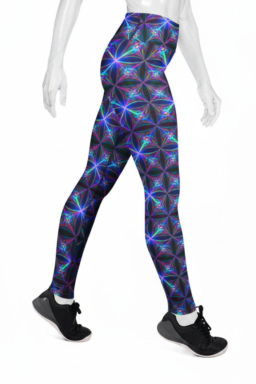 A manneqin wearing high-waisted leggings with a vivid neon geometric floral pattern in purple, blue, and cyan on a black base, paired with black athletic shoes, shown against a plain white background.