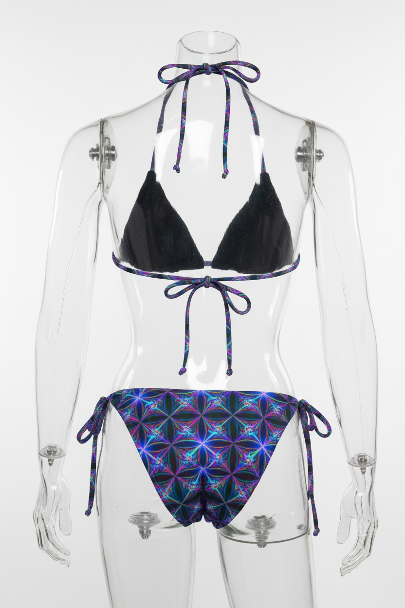 Two-piece string bikini set on a white background, featuring a solid black triangle top and matching low-rise bottoms with a vibrant purple, blue, and pink geometric flower pattern.