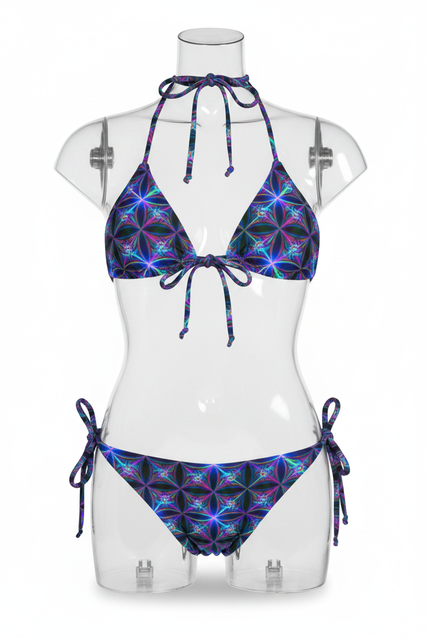 A two-piece string bikini set featuring a vibrant, multicolored kaleidoscopic geometric pattern on a black base, shown against a plain white background.