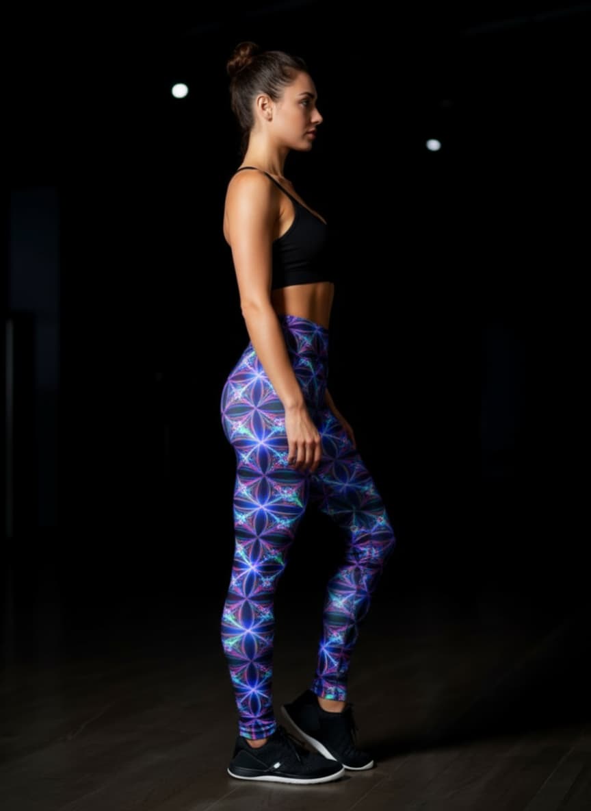 Woman wearing colorful geometric-patterned leggings on a dark background