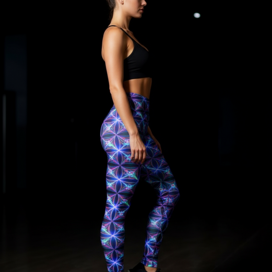 Woman wearing black sports bra and colorful geometric-patterned leggings on a dark background
