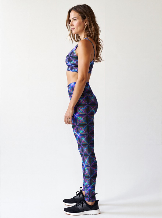 Side view of a woman wearing Blue Voltage Yoga leggings and a matching sports bra with an electric blue and purple geometric print, paired with black athletic shoes, standing against a plain light background.