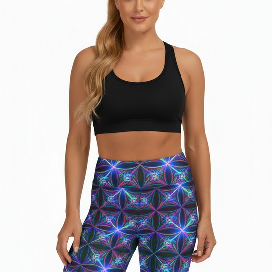 Woman wearing a colorful geometric patterned sports bra and shorts set on a white background
