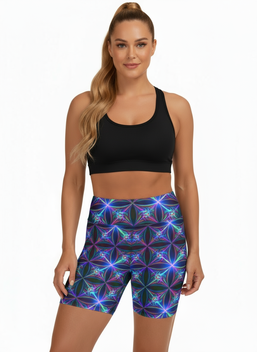 Woman wearing a colorful geometric patterned sports bra and shorts set on a white background