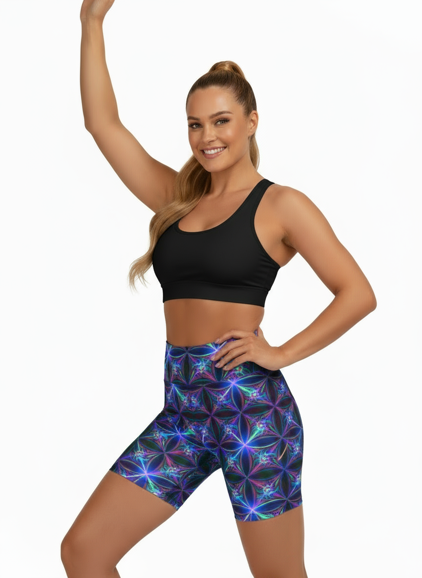 Woman wearing a colorful sports bra and shorts set on a white background