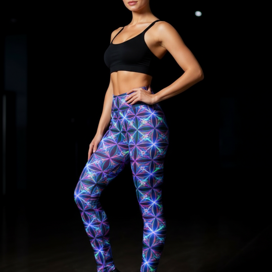 Woman wearing black sports bra and colorful geometric-patterned leggings on a dark background