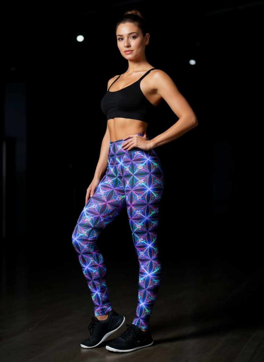 Woman wearing black sports bra and colorful geometric-patterned leggings on a dark background