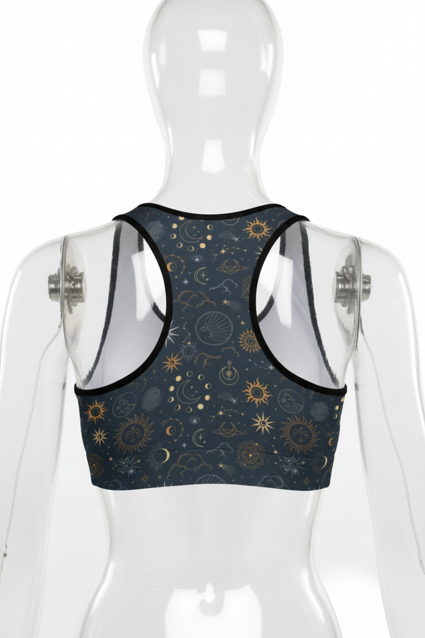 Back view of a mannequin wearing a racerback sports bra with a dark navy blue celestial print featuring gold suns, moons, and stars, set against a plain white background.