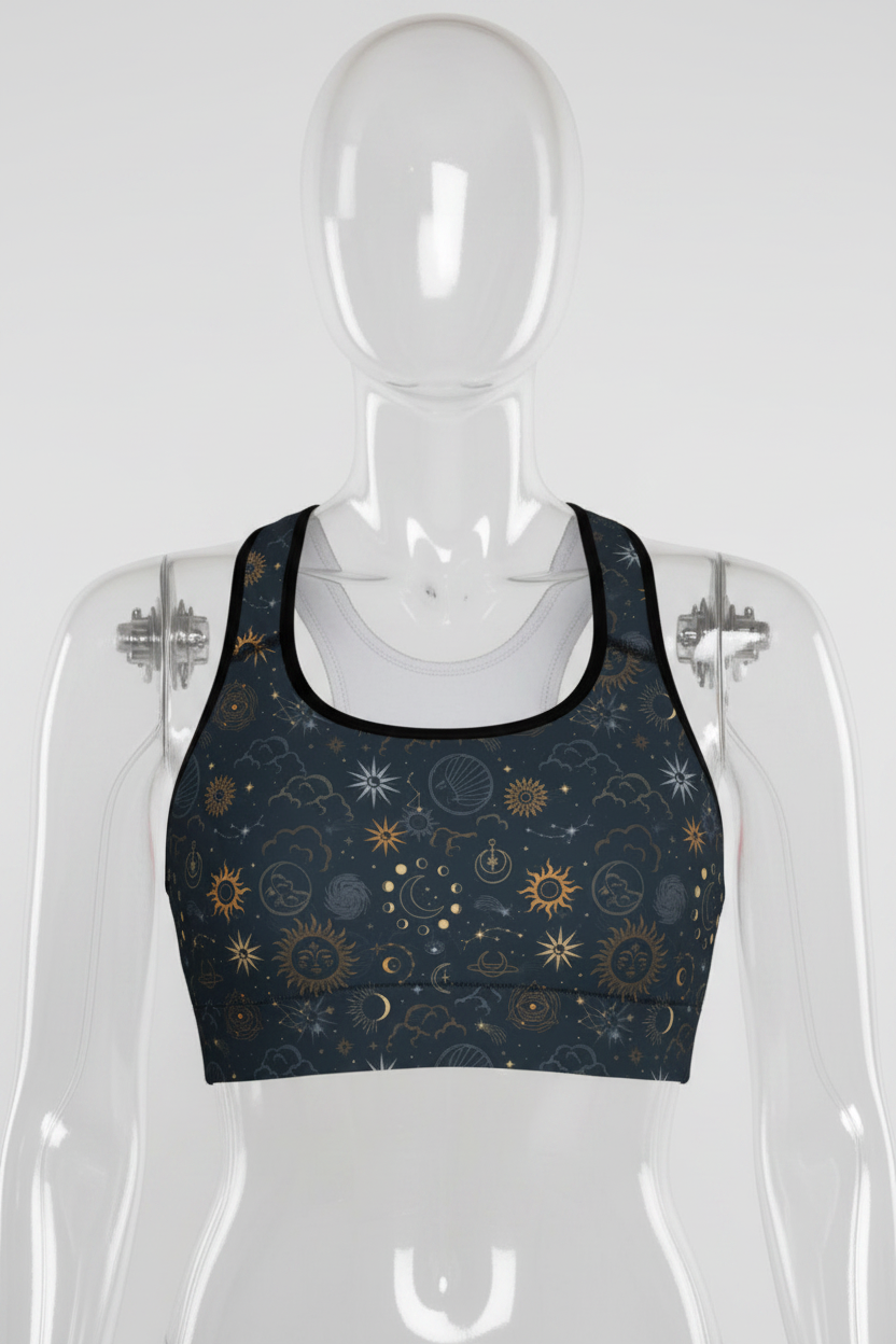 A mannequin wearing a dark navy blue sports bra with a celestial pattern of gold and light blue suns, moons, and stars, shown against a plain white background.