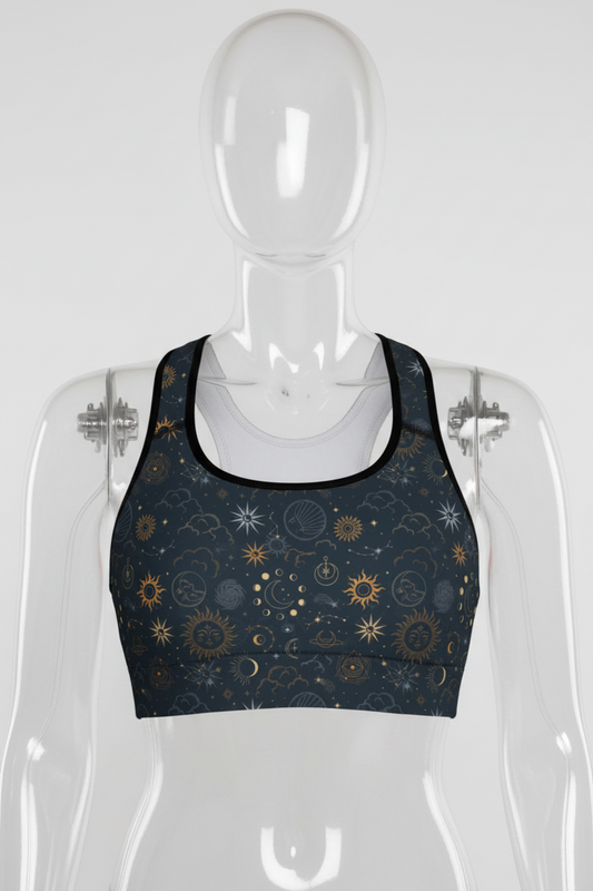 A mannequin wearing a dark navy blue sports bra with a celestial pattern of gold and light blue suns, moons, and stars, shown against a plain white background.