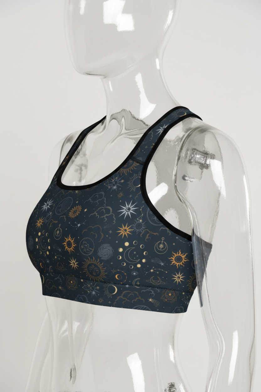 A mannequin wearing a dark navy sports bra with a celestial print of gold and white stars, suns, and moons, shown against a plain white background.