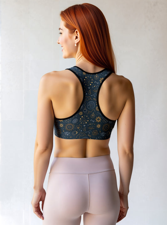 Woman shown from the back wearing the Celestial Essential Bra, featuring a dark blue fabric with a star and moon pattern, paired with light pink high-waisted leggings, standing against a light background.
