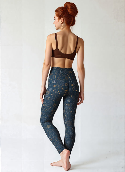 Back view of woman wearing Pixie and Sherbet’s Celestial Yoga leggings featuring a dark navy base with gold celestial sun, moon, and star print, standing barefoot and smiling in a relaxed pose against a light background.