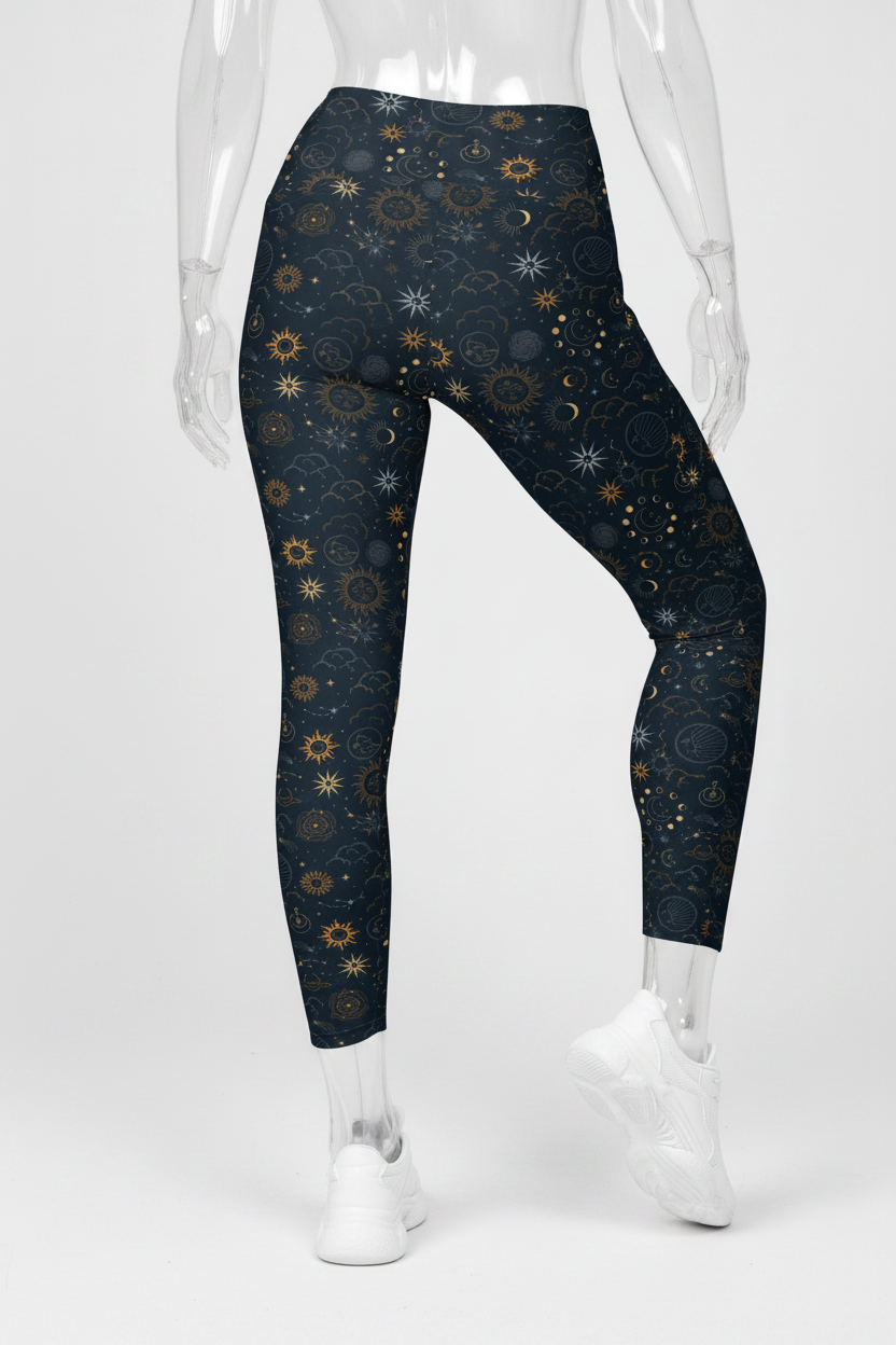 A mannequin wearing high-waisted leggings with a dark navy blue celestial print of stars, suns, and moons, paired with white sneakers against a plain white background.