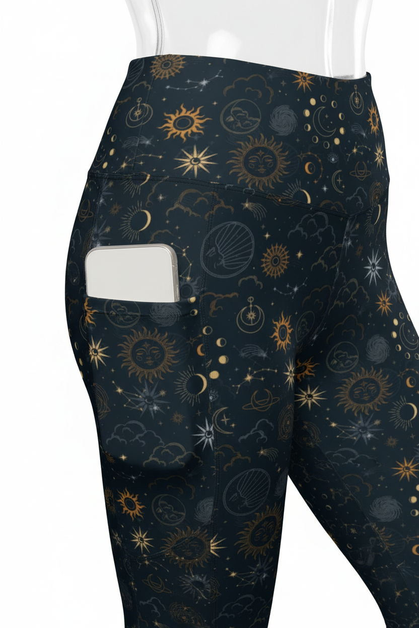 Close-up of a mannequin wearing leggings with a dark navy base and an allover celestial print of gold and gray suns, moons, and stars. The fabric has a side pocket, and the model's hand is shown reaching into the pocket.