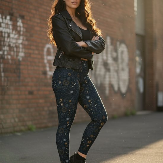 Woman in black leather jacket and patterned leggings standing against a brick wall with graffiti.
