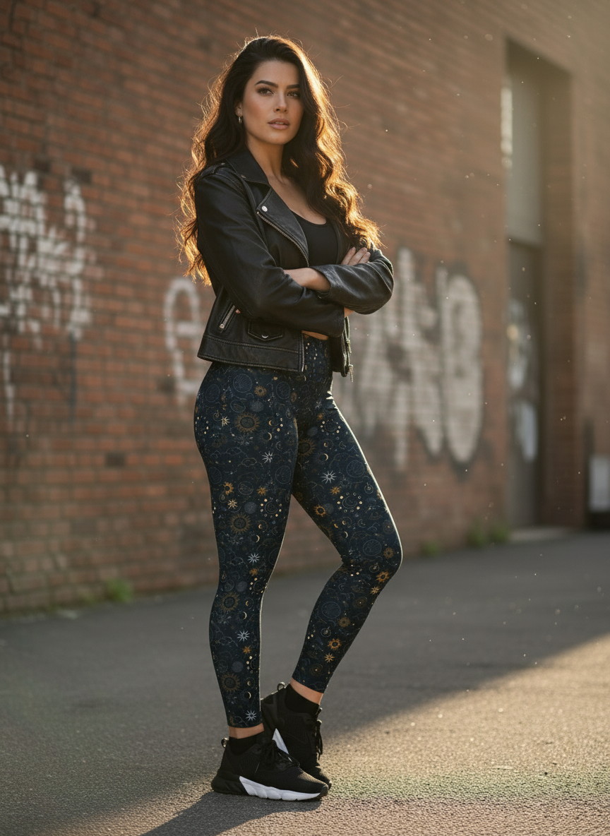 Woman in black leather jacket and patterned leggings standing against a brick wall with graffiti.