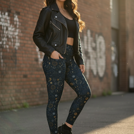 Woman wearing a black leather jacket and patterned leggings standing against a brick wall.