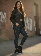 Woman wearing a black leather jacket and patterned leggings standing against a brick wall.