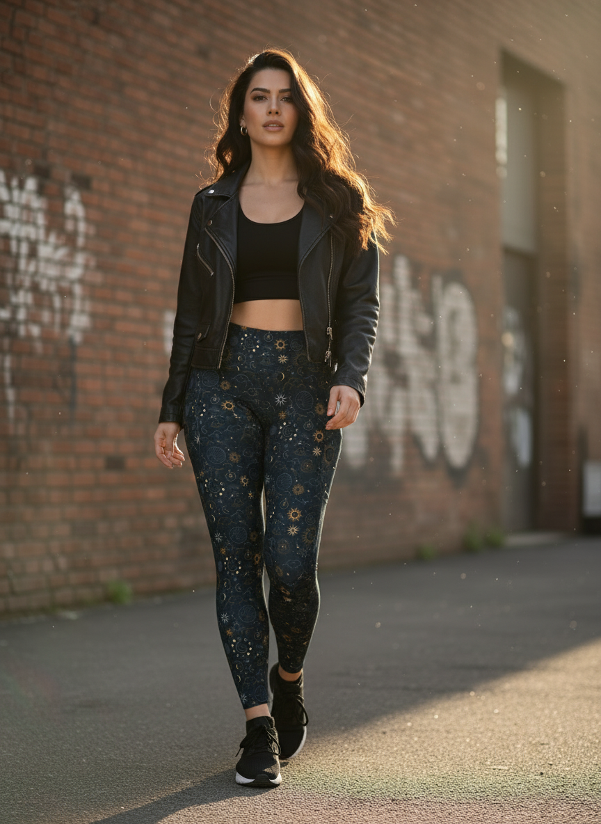 Woman in black jacket and patterned leggings walking on a street with graffiti in the background