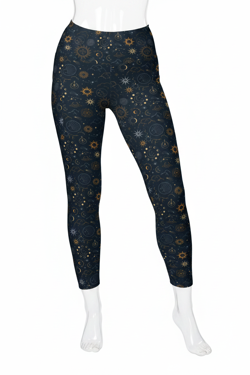 A mannequin modeling high-waisted leggings with a dark navy blue celestial print featuring gold and light blue stars, suns, and crescent moons, paired with white sneakers against a plain white background.