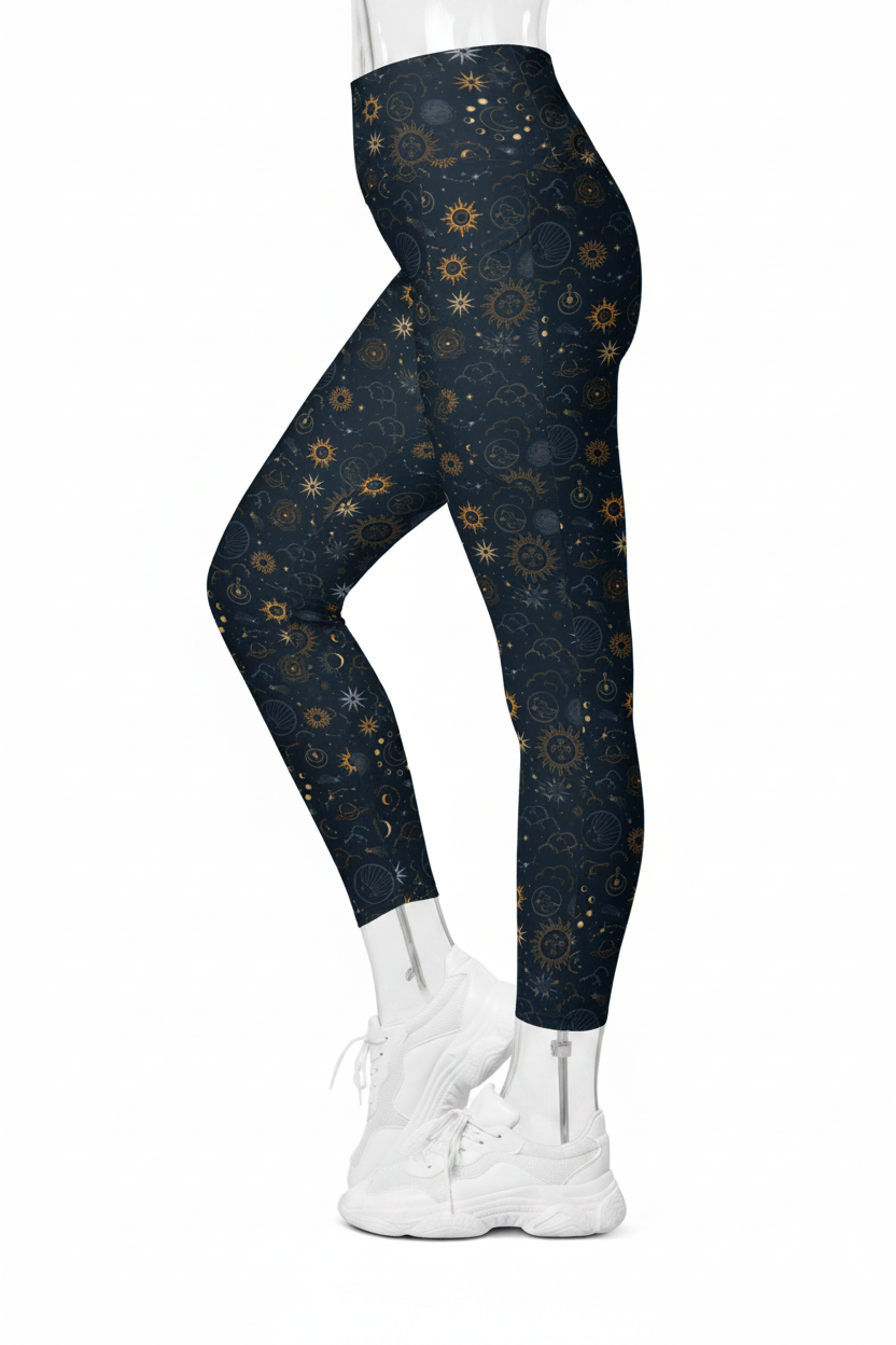 A mannequin wearing dark navy leggings with a celestial pattern of gold and brown suns, moons, and swirls, paired with white sneakers against a plain white background.