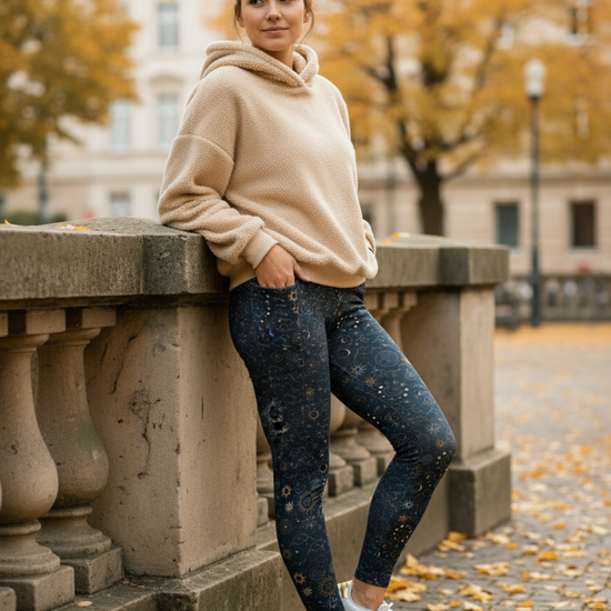 Woman in beige sweater and blue jeans leaning against a stone wall with autumn leaves and trees in the background.