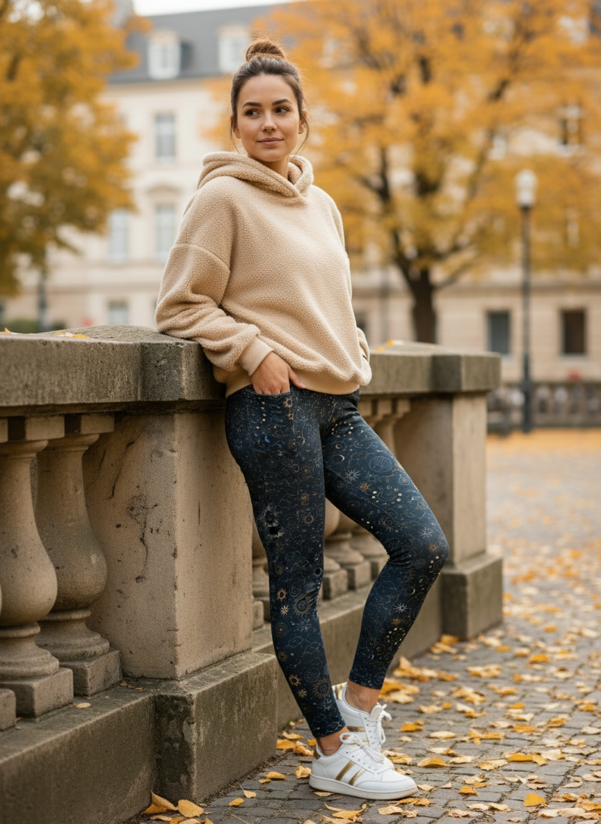 Woman in beige sweater and blue jeans leaning against a stone wall with autumn leaves and trees in the background.