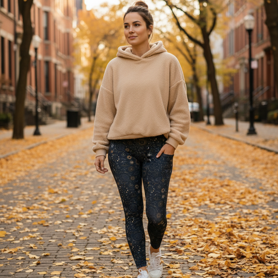 Woman walking on a leaf-covered street in an urban setting