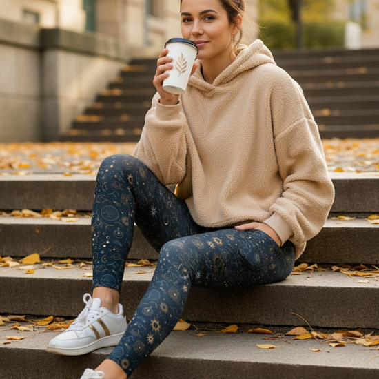 Woman sitting on steps holding a coffee cup, wearing a beige hoodie and blue leggings with white sneakers.