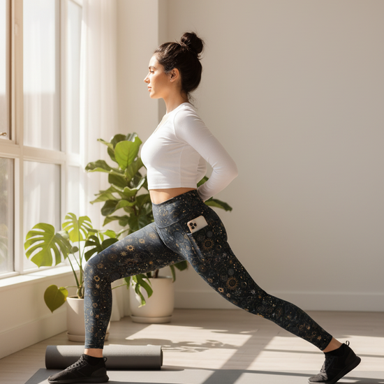 Woman practicing yoga in a bright room with large windows and plants.
