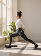 Woman practicing yoga in a bright room with large windows and plants.
