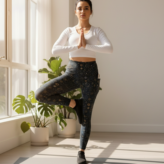 Woman practicing yoga in a bright room with plants