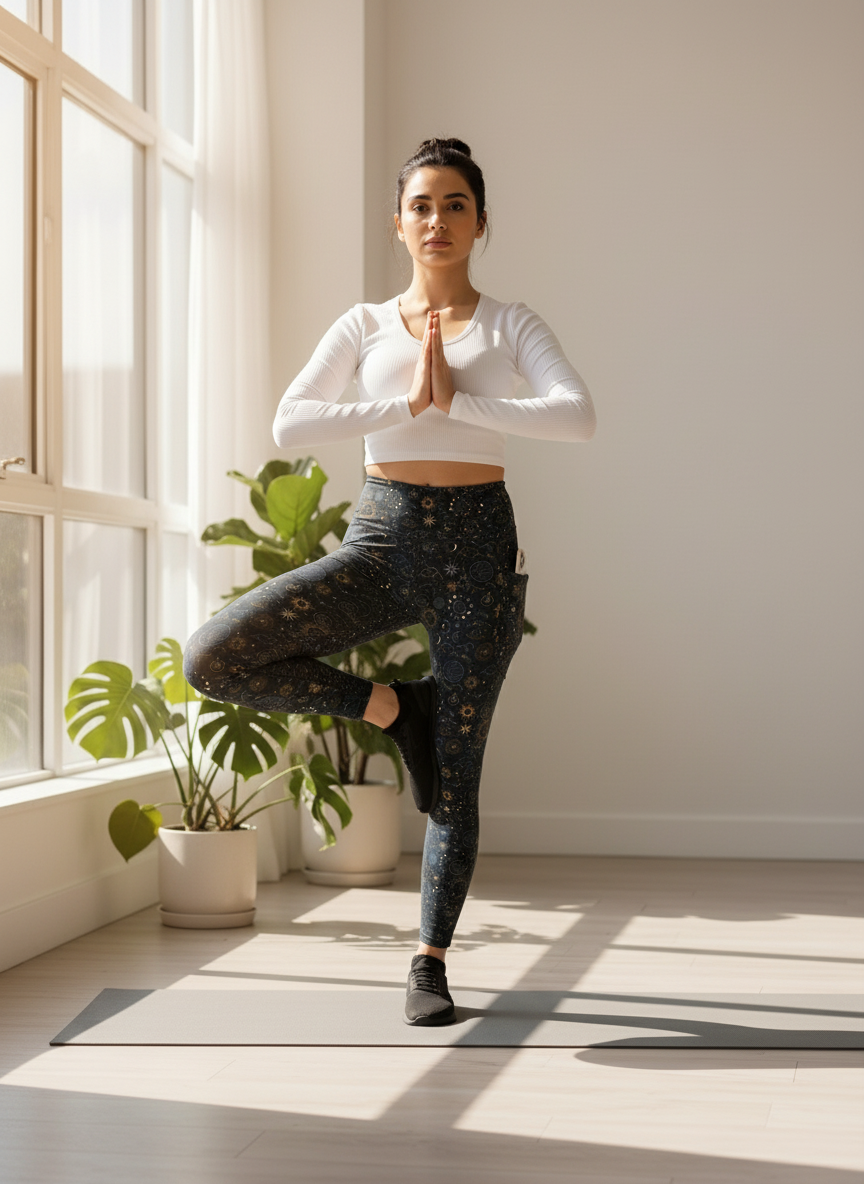 Woman practicing yoga in a bright room with plants