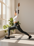 Woman practicing yoga in a bright room with large windows and plants.
