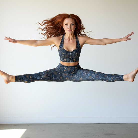 Woman in a yoga pose wearing matching blue and gold athletic outfit against a white wall.