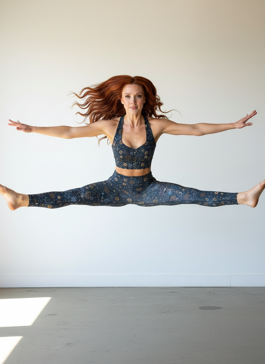 Woman in a yoga pose wearing matching blue and gold athletic outfit against a white wall.