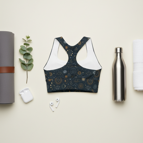 Athletic bra with celestial pattern on a light background with yoga mat, earbuds, and water bottle.