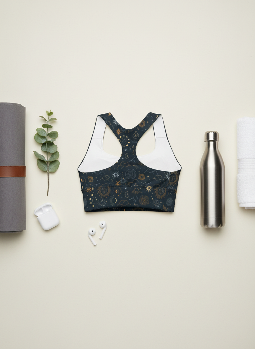 Athletic bra with celestial pattern on a light background with yoga mat, earbuds, and water bottle.