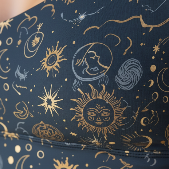 Navy blue fabric with gold celestial pattern featuring suns, moons, and stars.