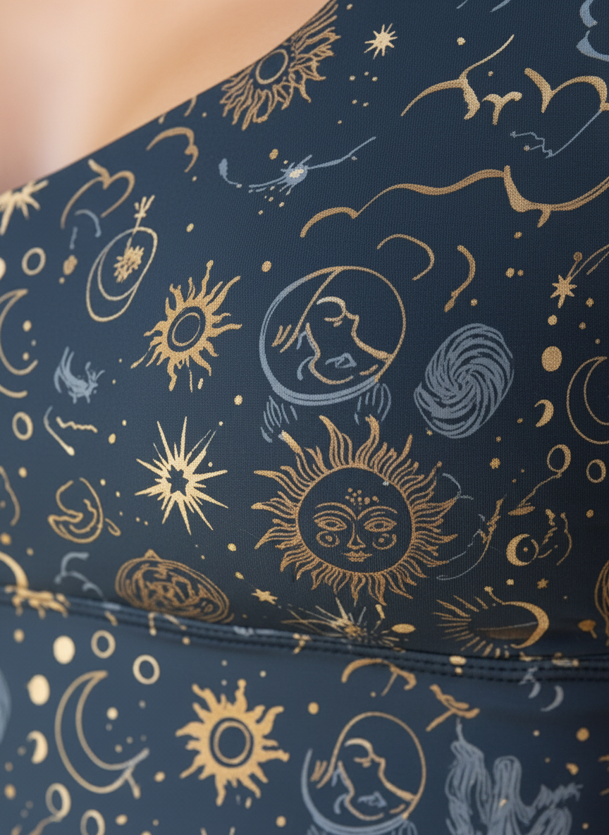 Navy blue fabric with gold celestial pattern featuring suns, moons, and stars.