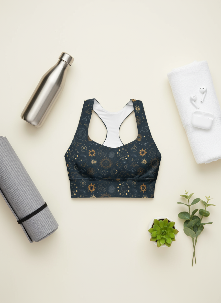 Patterned sports bra with a water bottle, yoga mat, and plant on a light background